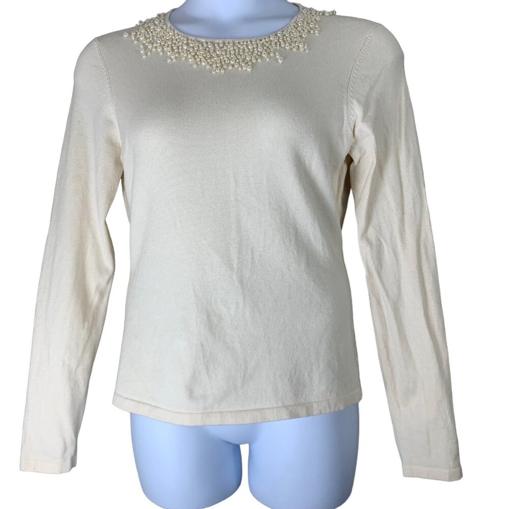 Folio Size Medium Sweater Beaded Neckline Silk Cashmere Blend Ivory Knit